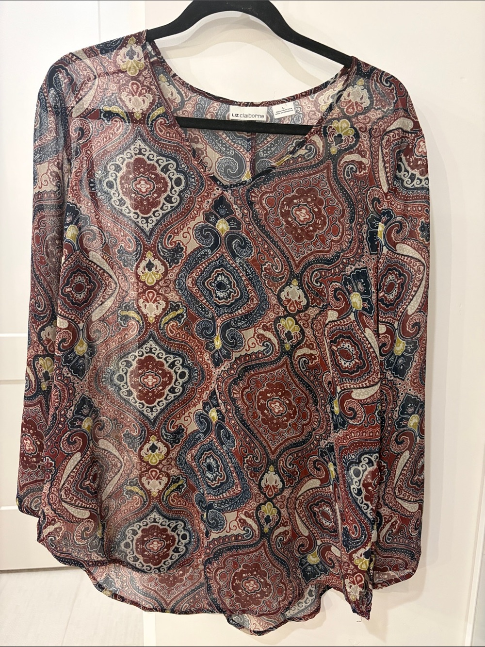 Liz Claiborne Paisley Sheer Long-Sleeve Blouse in Rust and Navy